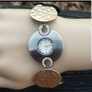 NARMI LADIES TRI COLOR HAMMERED DISK BRACELET WATCH